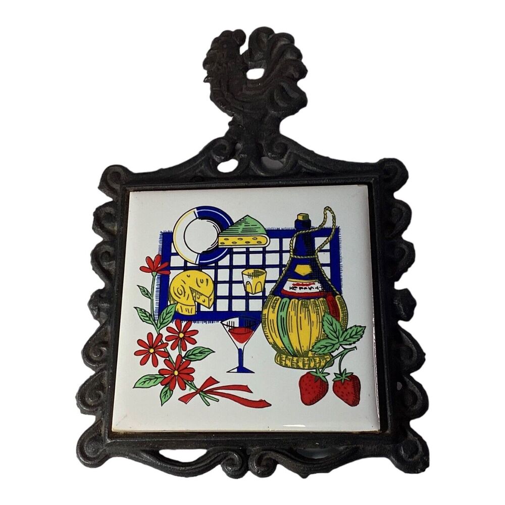 Cast Iron Black Trivet Rooster Wine Bottle Cheese Strawberry Flowers 8.5” X 5.5”